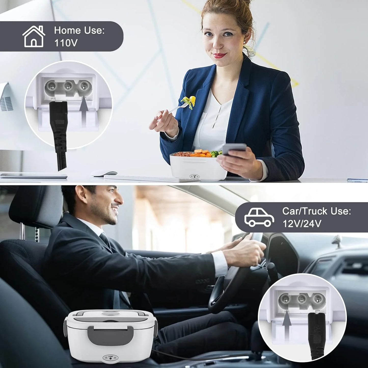 Electric Lunch Box Food Heater, 80W Electric Heating Lunch Boxes for Car/Men/Adults/Home/Work, 1.5L Removable 304 Stainless Steel Container, 110V/12V/24V, with Fork & Spoon