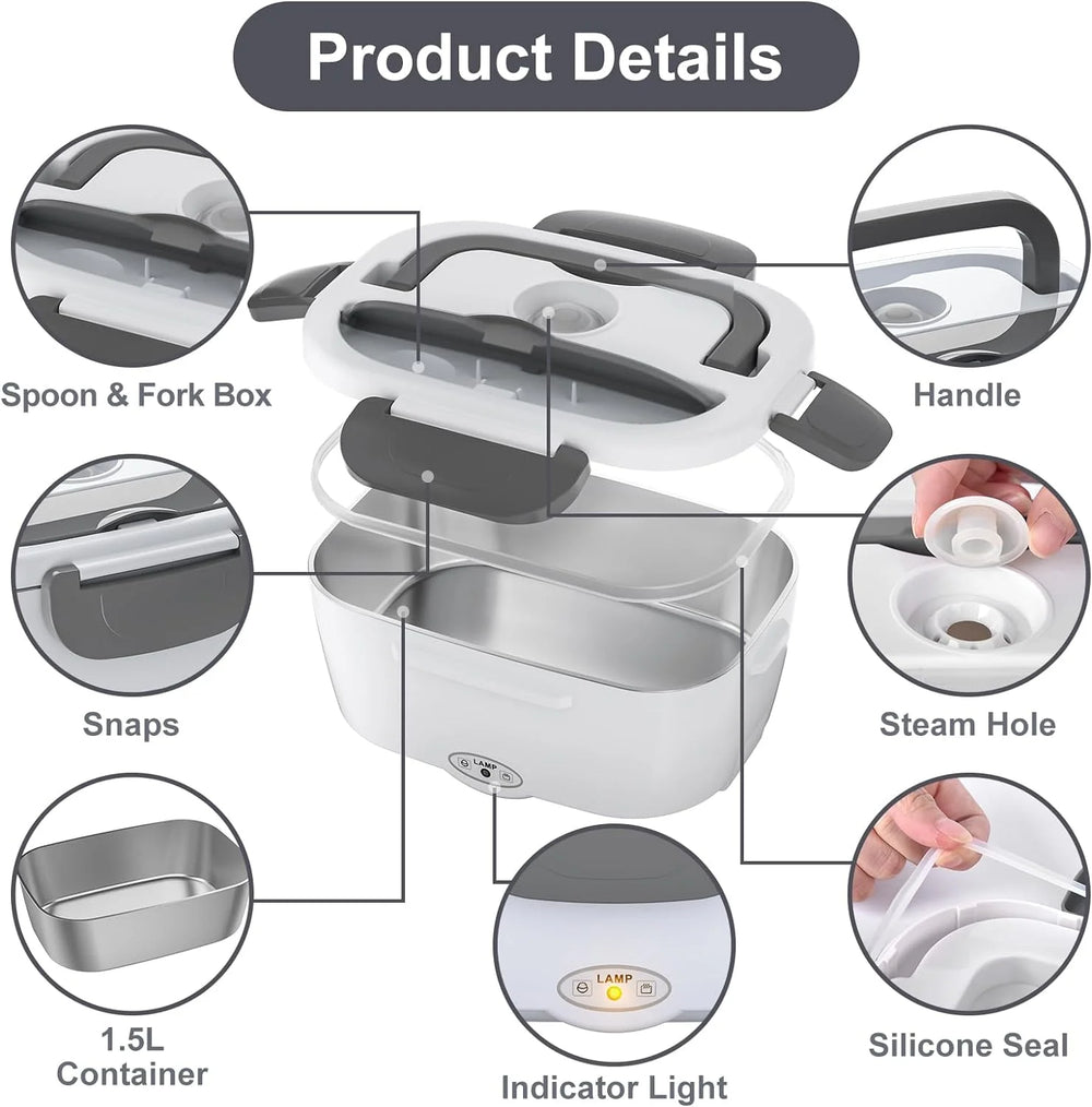 Electric Lunch Box Food Heater,  80W Electric Heating Lunch Boxes for Car/Men/Adults/Home/Work, 1.5L Removable 304 Stainless Steel Container, 110V/12V/24V, with Fork & Spoon